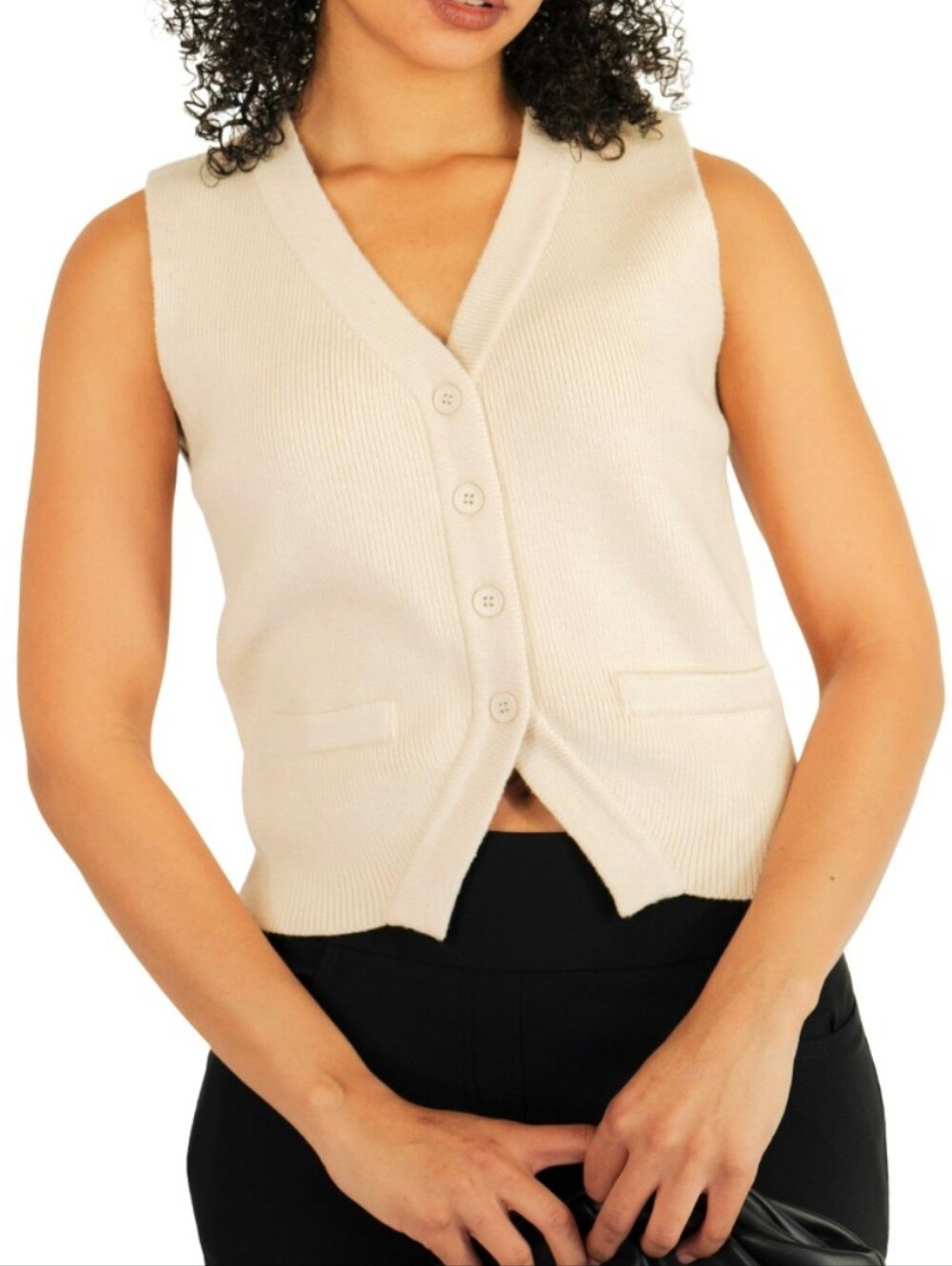 Mod Ref Cream V-Neck Button Front Knit Vest
